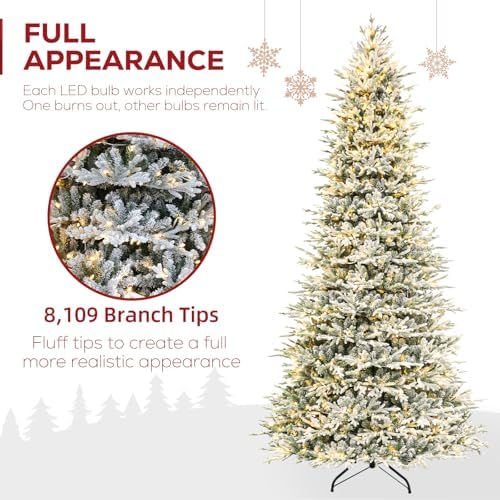 Hykolity 12 ft Prelit Flocked Christmas Tree with 850 Warm White LEDs