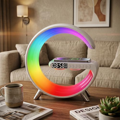 Smart LED Table Lamp Alarm Clock for Bedroom with Wireless Charging Bluetooth Speaker, App Controlled Night Light for Kids, Christmas Birthday Gifts for Teens Adults Desk Office Bedroom Decor (White）