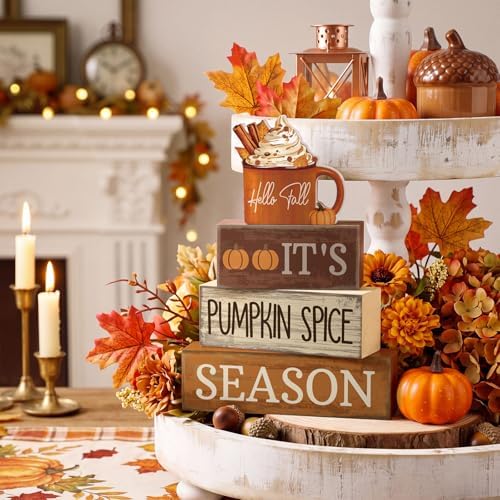 Lineshading 4 Pcs Fall Table Decor for Home, Pumpkin Spice Coffee Bar Sign