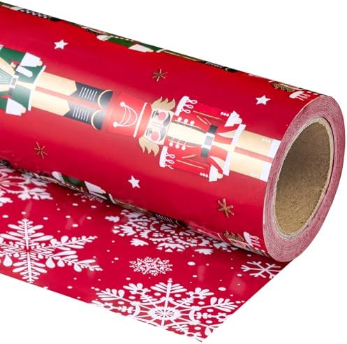 WRAPAHOLIC 30 Inch Jumbo Reversible Nutcracker Christmas Wrapping Paper - 30 Inch x 100 Feet Jumbo Roll Red Nutcracker and Snowflake Wrapping Paper for Christmas, Holiday, Party