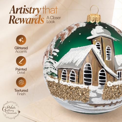 Polish Hand Blown Glass Christmas Ornaments Ball, Chapel Green 5 in
