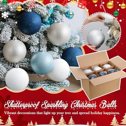 Poen 12 Pcs 6 Inch Large Glitter Christmas Ball Ornament, Navy Blue Silver