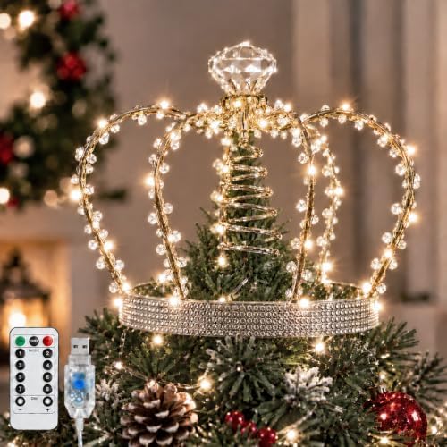 Christmas Tree Topper Star 60 LED Jeweled Crown with Remote USB Xmas Decor