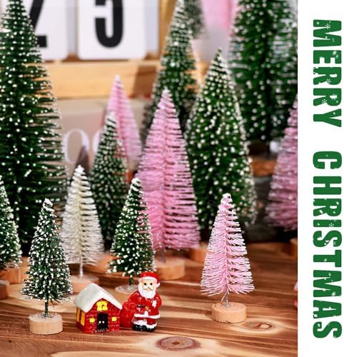 30Pcs Mini Christmas Trees Artificial Christmas Tree Bottle Brush Trees with Wooden Base for Christmas Decor Christmas Party Home Table Craft Decorations(Green+Beige+Pink)