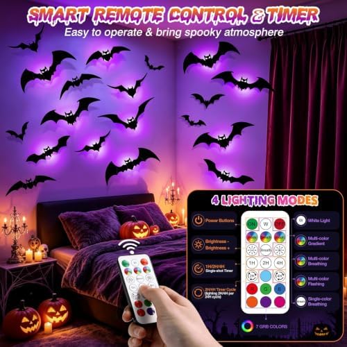 LUDILO 48P Bats Halloween Decorations + 12P Rechargeable Lights with Remote