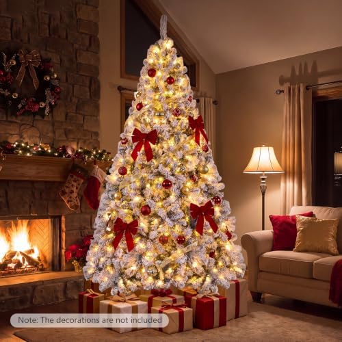 Happygrill 7.5FT Christmas Tree, Premium PVC Needles, 1010 Branch Tips, Pre-Lit Flocked Snow Hinged Pine Tree with Solid Metal Stand, 450 LED Lights, Ideal for Holiday Decoration, White