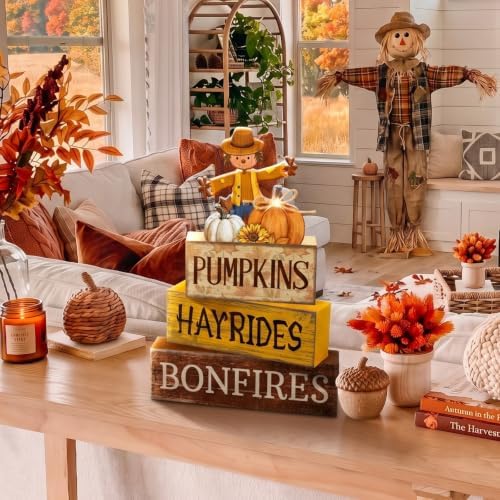 Moucuny 4 Pcs Fall Scarecrow Table Decoration for Home Wooden Stack Decor