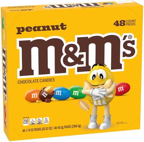M&M'S Peanut Chocolate Candy, Full Size Candy 1.74 oz Bag, Bulk Pack of 48