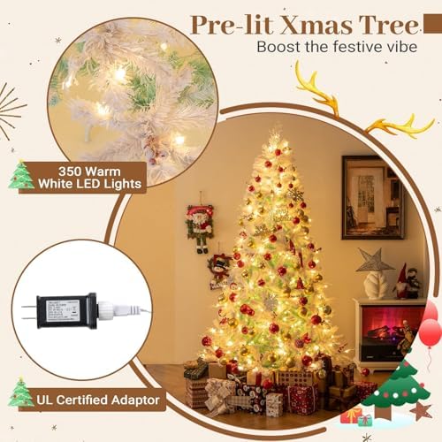 HAPPYGRILL 7FT Pre-lit Artificial Christmas Tree, Hinged Xmas Tree w/ 855 Snow Flocked Branch Tips, 350 Warm White LED Lights, White Twigs, Red Berries, Metal Stand