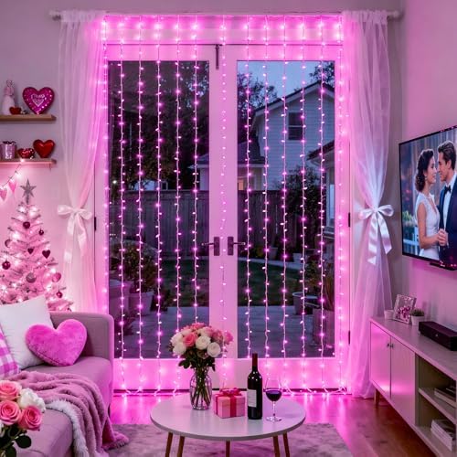 JMEXSUSS 300 LED Curtain Lights, Pink String Lights for Bedroom, 9.8x9.8 ft