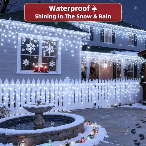 612 LED 60ft Christmas Lights with 136 Drops, 12 Lighting Modes Cool White Christmas Decoration Twinkling Lights Dimmable, Timer Outdoor Waterproof Fairy Lights for Indoor Garden House Eaves Roof