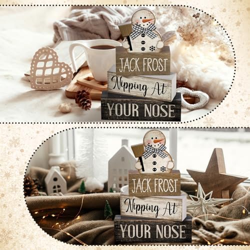 Moucuny 4 Pcs Wooden Block Signs Snowman Farmhouse Table Decoration