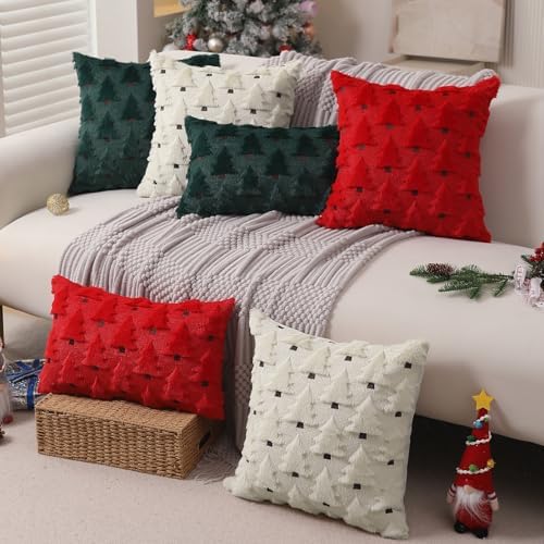 Allorry Christmas Pillow Covers 12x20 inch Set of 2 Christmas Decorations Soft Plush Faux Fur Wool Cream White Christmas Tree Throw Pillow Cases Winter Holiday Decor for Sofa Living Room PT-002D12