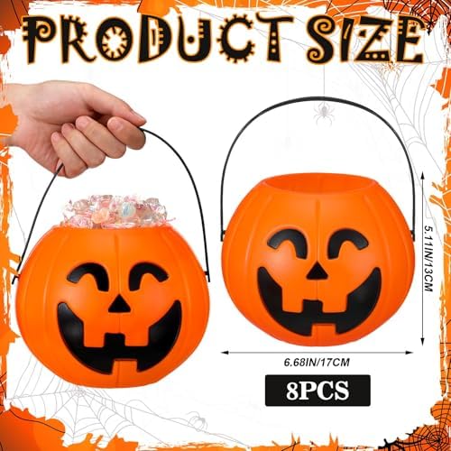 Beeveer 8 Pcs Plastic Pumpkin Buckets, Halloween Candy Baskets, Smile