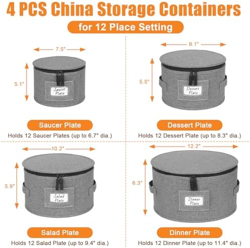 Kukikan China Storage Container, Hard Shell for Moving, 4 Pack Dish Storage