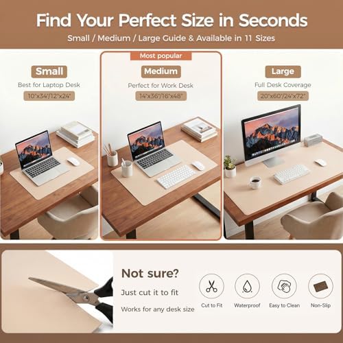 1.6mm Thick Leather 16x36 Inch Non-Slip Mat, Waterproof Countertop Protector, Wide Coffee Station/Large Office Desk Pad, Warm Beige