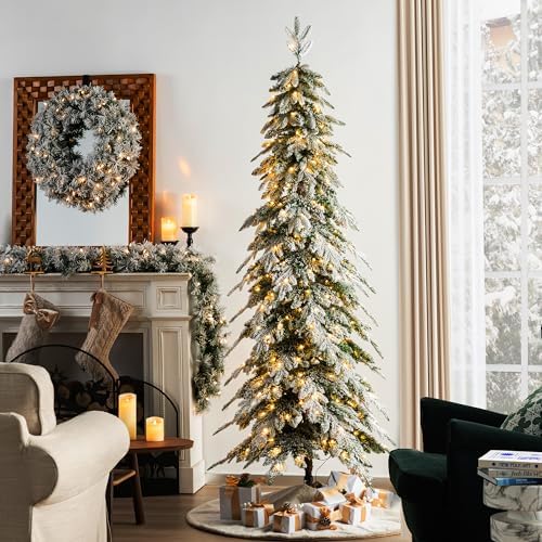 Glitzhome 7.5ft Prelit Christmas Tree, Artificial Christmas Tree with 350 Warm White Lights, Flocked Pencil Christmas Trees Chicago Frostwood Spruce with 1,211 PE&PVC Branch Tips,Sturdy Metal Stand
