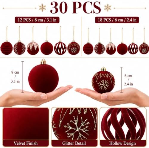 Duraaamo 30 Pcs Burgundy Red Velvet Christmas Ball Ornaments Set