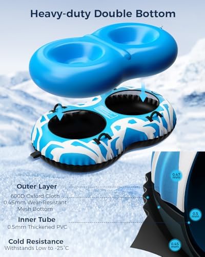 Snow Tube with Towable Leash, 68 Inch Snow Sleds for Kids and Adult，2 Person Sled for Winter Sports, Snow Tubes for Sledding Heavy Duty, Inflatable Snow Sled with Double Layer Bottom Fabric