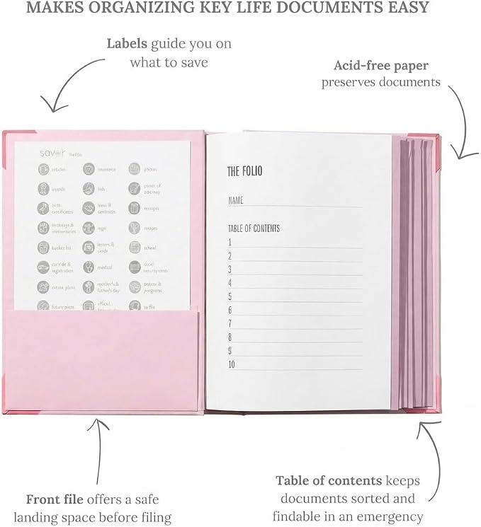 The Folio® Important Document Organizer by Savor | Binder with Guided Labels, Acid-Free File Folder Organizer with 10 Pockets, Document Holder for Home Records, Legal and Medical Papers (Pink)