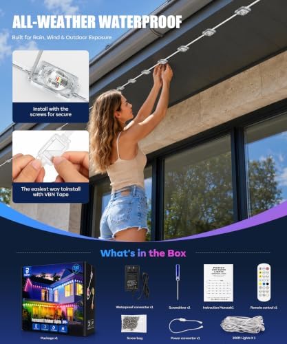 POOFZY Permanent Outdoor Lights 100FT, RGB+IC Smart Outdoor Lights for House, App & Voice Control, Waterproof Outdoor Eave Lights for Christmas Holiday Patio Yard Decor