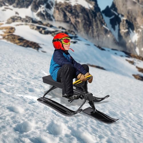 Snow Racer Sled, Ski Sled Slider Board with Steering Wheel and Twin Brakes, 220.5lb Load Capacity Durable Steel Frame Slider Downhill Steerable Sled for Kids Teenagers Adult