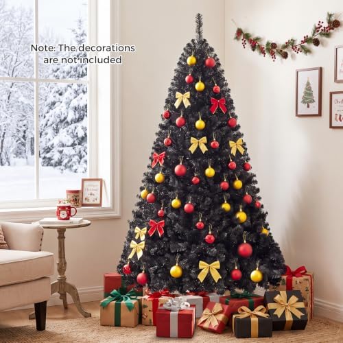 Happygrill 6FT Artificial Christmas Tree with Sturdy Metal Stand, Unlit Halloween Tree with 1036 Branch Tips PVC Needles, Black