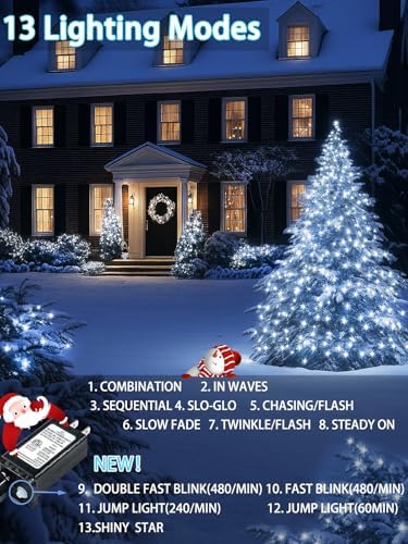 2 Pack 200 LED Christmas Lights 13 Modes Extendable Christmas Tree Lights