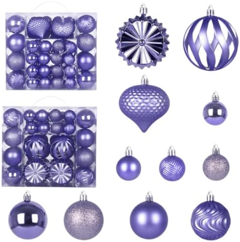 Christmas Light Purple Ornaments Balls Set, 48 Pcs Shatterproof Plastic Xmas Tree Decorative Baubles Hanging Ornaments for Holiday Wedding Party Home Decoration