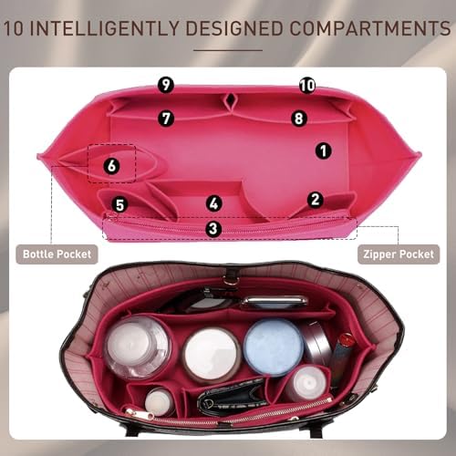 Doxo Purse Organizer Insert for Handbags & Base Shaper 2pc Set, Felt Neverfull GM Organizer Insert, Tote Bag Organizer with Zipper Pocket and Bottle Holder, Fit Neverfull GM and More, Rose-XL