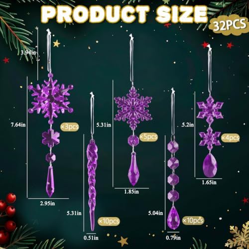 32pcs Crystal Christmas Ornaments for Christmas Tree Decorations-Purple Hanging Acrylic Snowflake and Icicle Ornaments with Drop Pendants for Xmas Winter Wonderland New Year Party Decorations Supplies