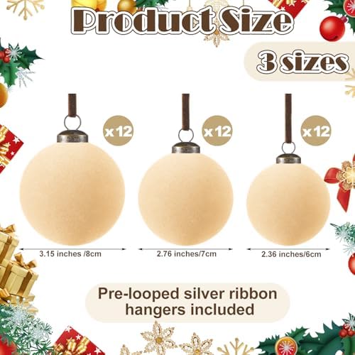 Foilswirl 36 Pcs Champagne Velvet Christmas Balls, 2.36", 2.76", 3.15"