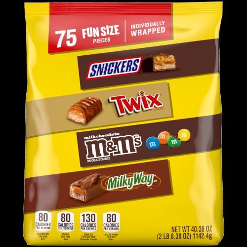 Mars Snickers, M&M'S Milk Chocolate, Milky Way & Twix Fun Size Chocolate Candy Variety Pack, 75 Ct Bulk Bag (2.73 Pounds)
