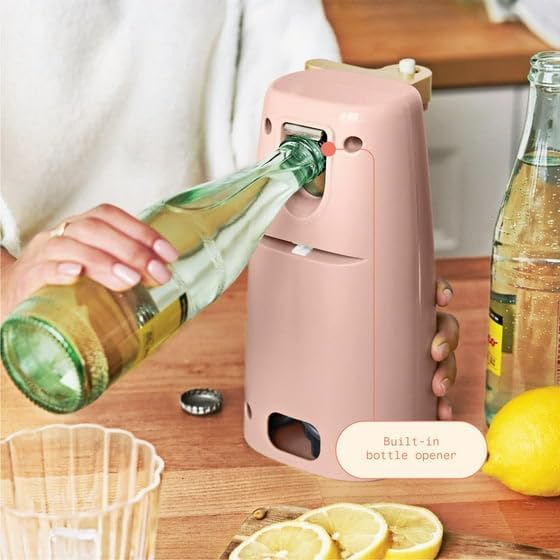 B'eautiful Easy-Prep Electric Can Opener with 70-watt motor effectively, Auto-turn & One-Touch Operation Built-in knife sharpener and bottle opener by D'rew Barry'more (Rose)