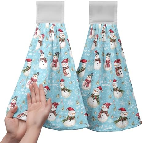Christmas Winter Snowman Hanging Hand Towels Set of 2 Blue Snowflakes Xmas Holiday Kitchen Towels with Hanging Loop Tea Bar Dish Cloth Towels Soft Absorbent Fingertip Fast Dry Bath Towels