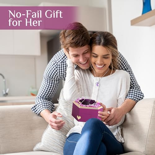 Preserved Real Rose with Necklace Forever Flowers Diamond shaped Box for Mom Wife Girlfriend Grandma on Mothers Day Birthday Valentines Christmas Anniversary Beatiful Gifts for women (Purple)