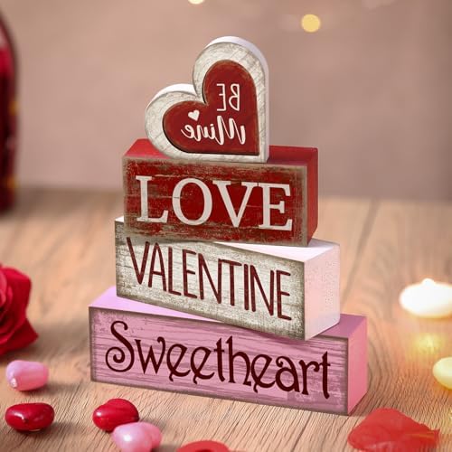 Lineshading 4 Pcs Valentines Day Table Decorations, Be Mine Wood Heart Sign