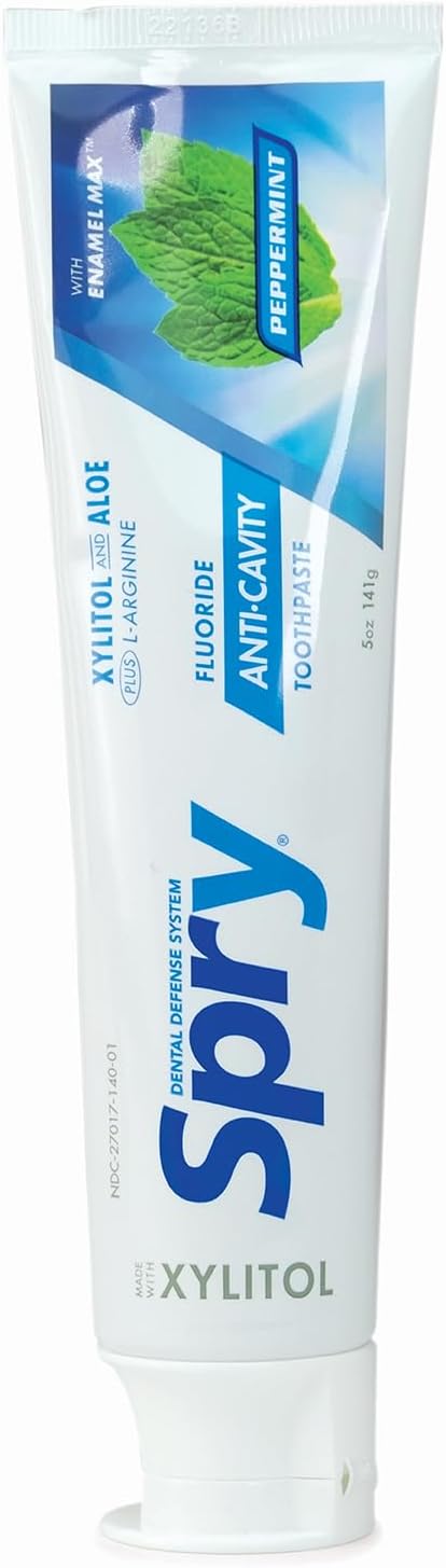 Spry Natural Xylitol Toothpaste 5oz for Adults and Kids with Fluoride, Gentle for Sensitive Teeth Whitening and Remineralizing, Breath Freshening, Mouth Moisturizing, Peppermint (Pack of 1)