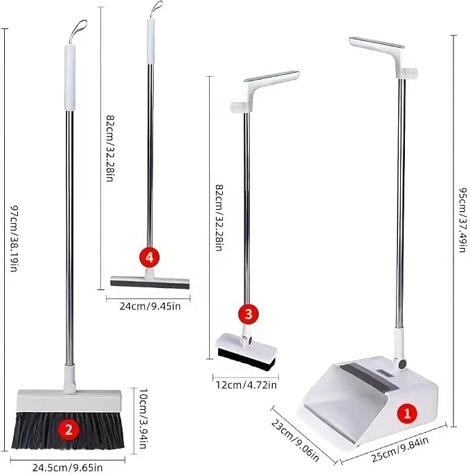 4-in-1 Broom and Dustpan Set with Floor Brush, White Stainless Steel Long Handle, Upright Standing Design for Home Office Kitchen, Squeegee Cleaning Tools Combo