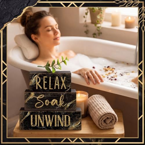 Moucuny 4 Pcs Black Gold Bathroom Signs Relax Soak Unwind Wooden