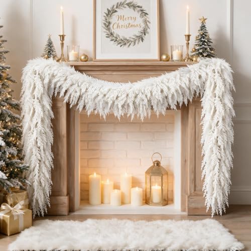 12FT White Christmas Cedar Garland, Realistic Artificial Garland, Winter Snowy Xmas Decorations Indoor Outdoor, Faux Holiday Garland for Mantle, Fireplace, Table, Door, Wedding Party Decor