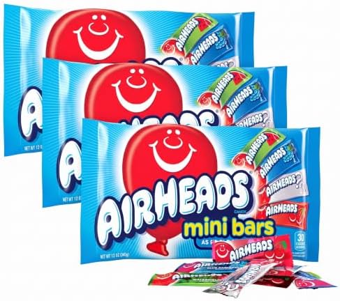 Airheads Candy, Variety Bag, Individually Wrapped Assorted Fruit Mini Bars, Party, Non Melting, 12oz (1 Bag) (Pack of 3)