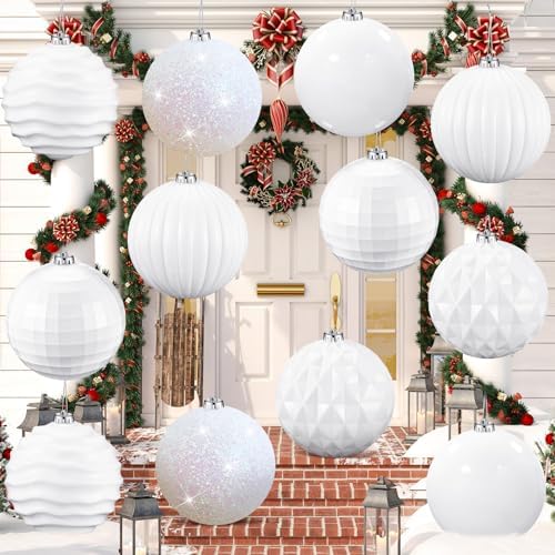 Poen 12 Pcs 6 Inch Extra Large Christmas Ball Ornaments Outdoor Christmas Tree Decoration Hanging Plastic Balls Oversized Glitter Xmas Balls for Outside Lawn Yard Tree Decoration(White)