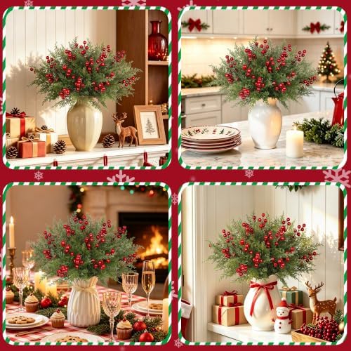 6 Bundles Artificial Christmas Flowers, Norfolk Pine Stems with Red Berries