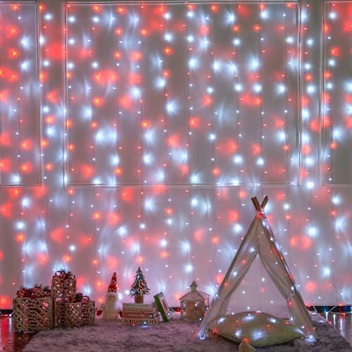 JMEXSUSS 300LED Red and White Christmas Curtain Lights for Bedroom, Plug in