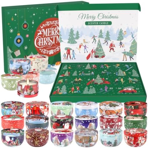 24 Days of Christmas Countdown Tin Candles, Festive Scented Soy Wax Gift Set, Holiday Aromatherapy Candles for Women, Christmas Decor
