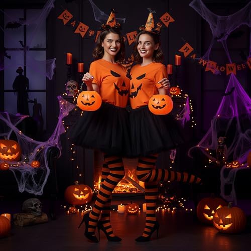 Maiteenly Halloween 4pcs Costume Set Pumpkin T Shirt Bat Headband Striped Tights Tutu Ballet Skirt for Women Halloween Party