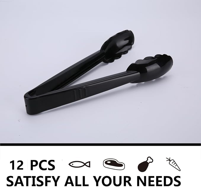 Plastic Tongs for Kitchen, Disposable Utensils Set, 12 Pieces, 9 Inch Heavy Duty Scalloped Salad Serving Tongs, Food Safe Material, Perfect for Buffets and BBQ (12, Black)