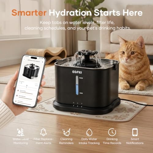 EGFKI EG-9 Smart Cat Water Fountain, 3.6L/121oz Automatic Cat Fountain with APP Control & 2.4GHz WiFi, Smart Hydration Tracking & Alerts, 20dB Ultra Quiet, Stainless Steel Tray, Easy to Clean,Black