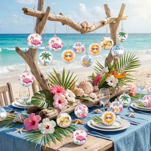Outus 16 Pcs Coastal Christmas Ball Ornaments, Beach Flamingo Hanging Decor